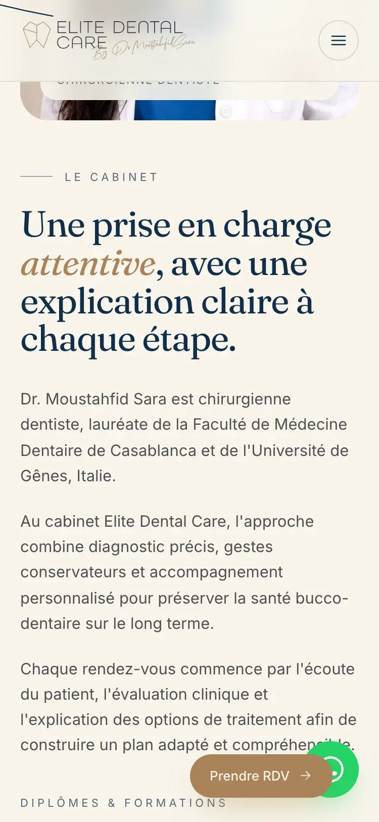 Elite Dental Care dental clinic website — Surgeon profile on mobile (mobile screenshot)