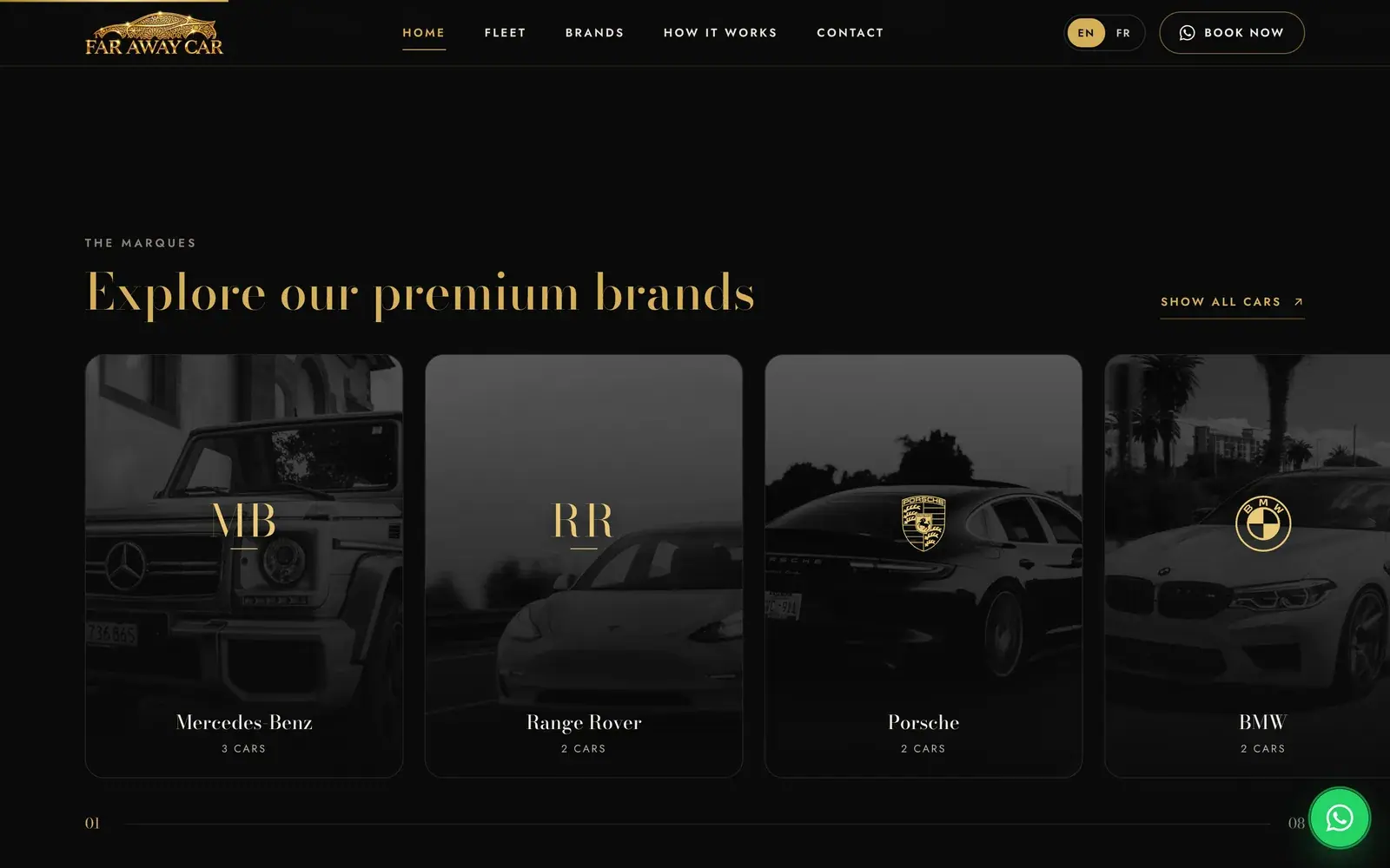 Far Away Car luxury car rental website — Browse the fleet by brand (desktop screenshot)