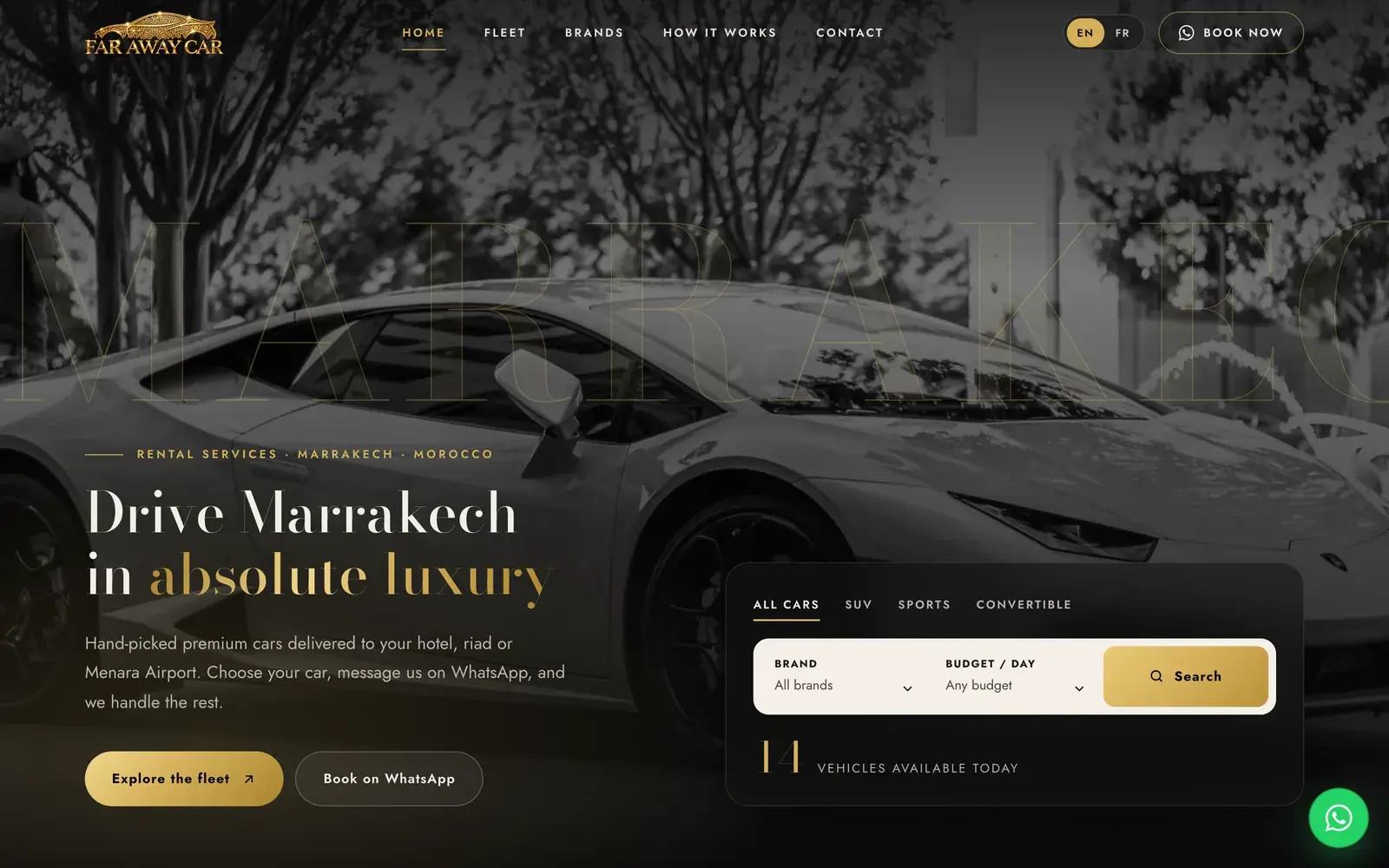 Far Away Car luxury car rental website — Cinematic hero with fleet search (desktop screenshot)
