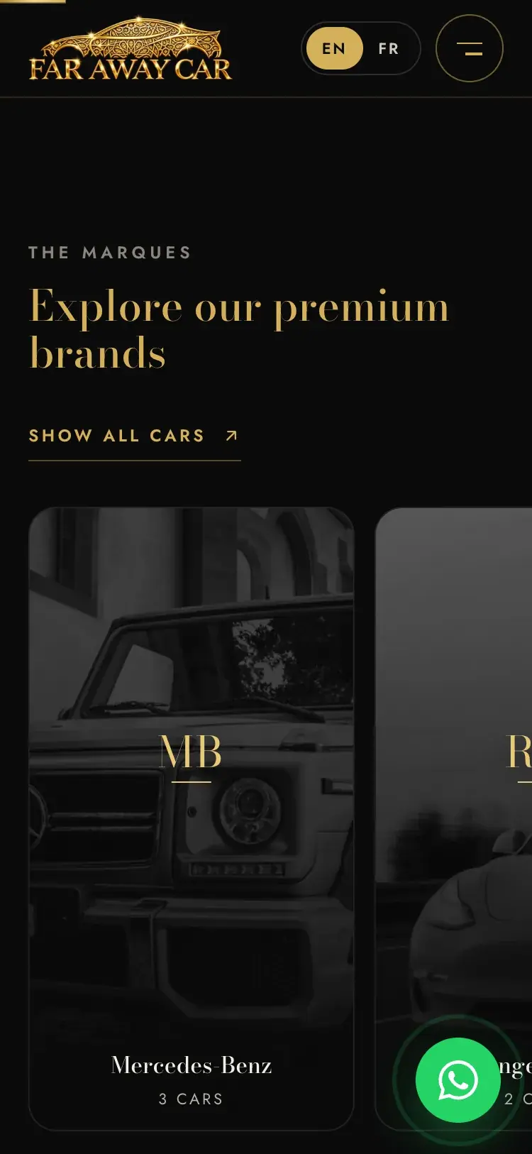 Far Away Car luxury car rental website — Premium brands rail (mobile screenshot)