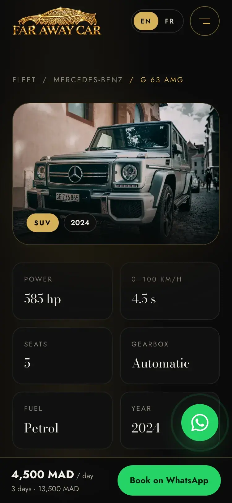 Far Away Car luxury car rental website — Specs and sticky booking bar (mobile screenshot)