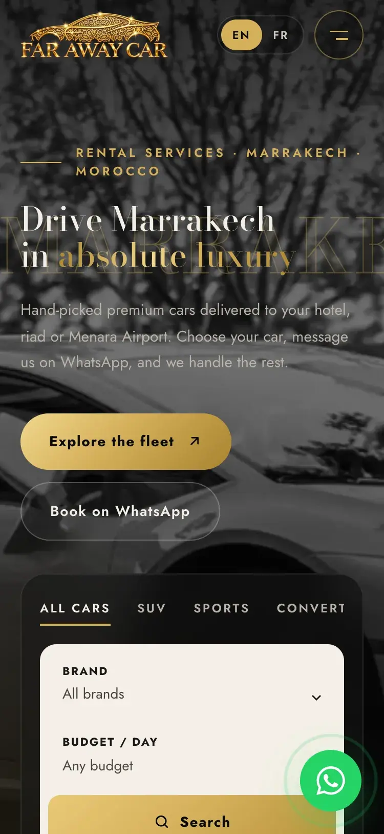 Far Away Car luxury car rental website — The same hero on a phone (mobile screenshot)