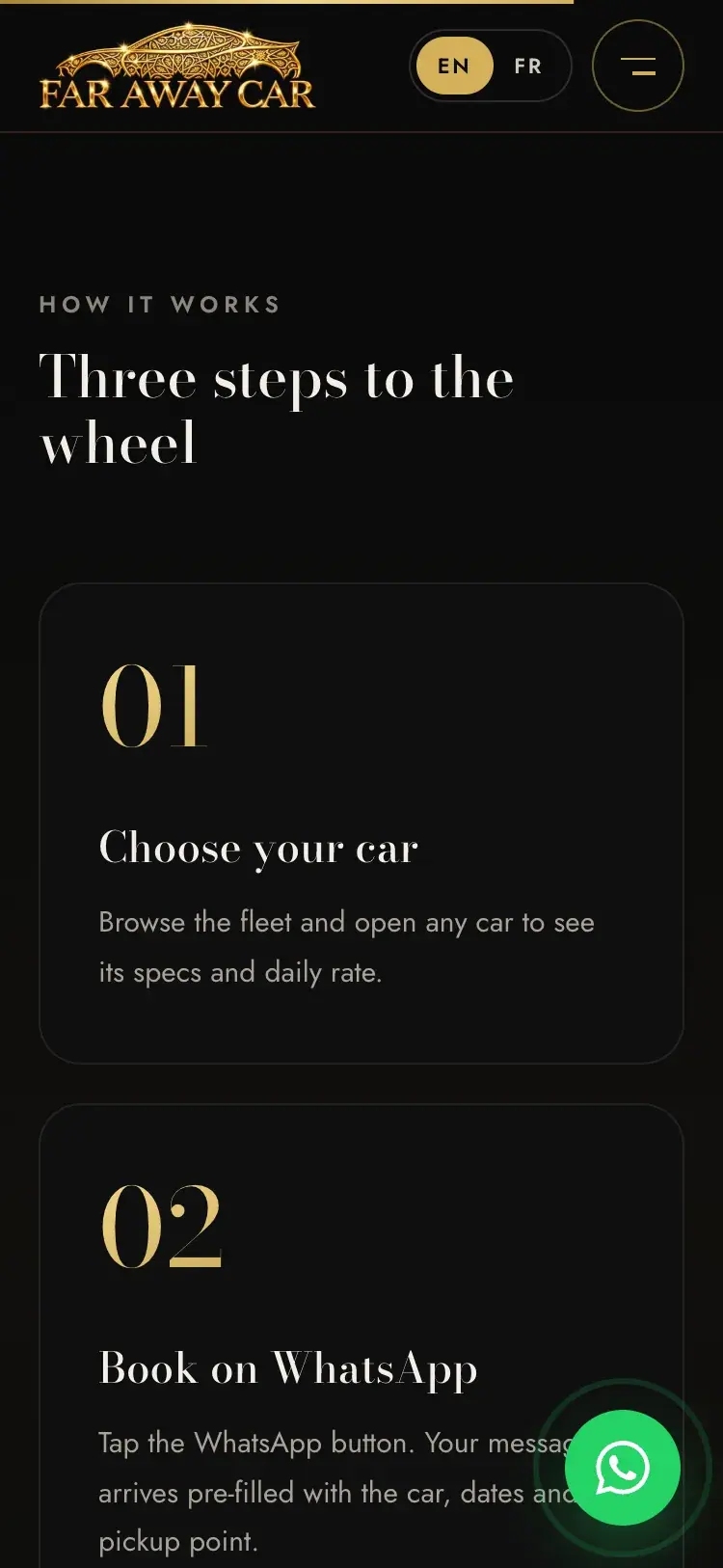 Far Away Car luxury car rental website — Three steps to the wheel (mobile screenshot)