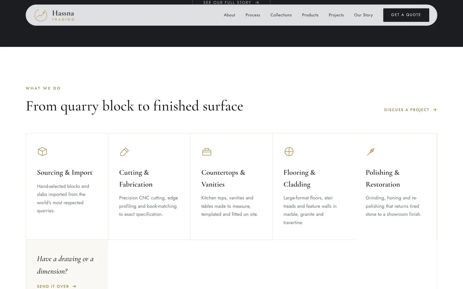 Hassna Trading marble, granite & natural stone website — Services from quarry block to finished surface (desktop screenshot)
