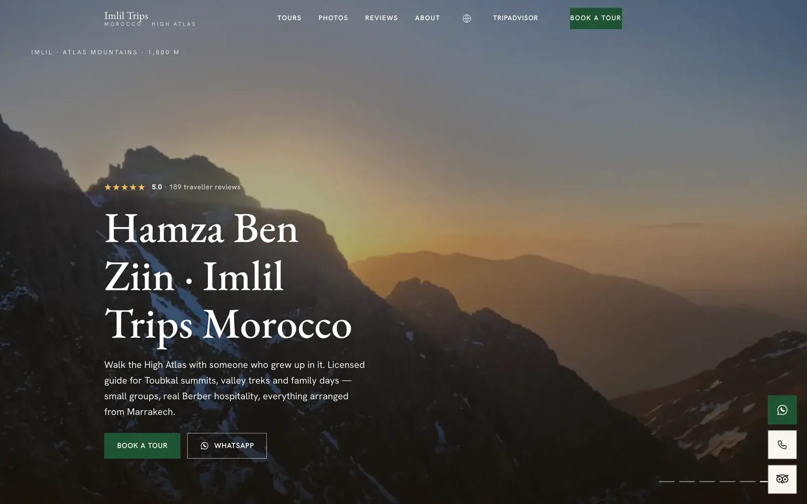 Imlil Trips Morocco mountain guide & trekking website — Guide-led hero with reviews and booking (desktop screenshot)