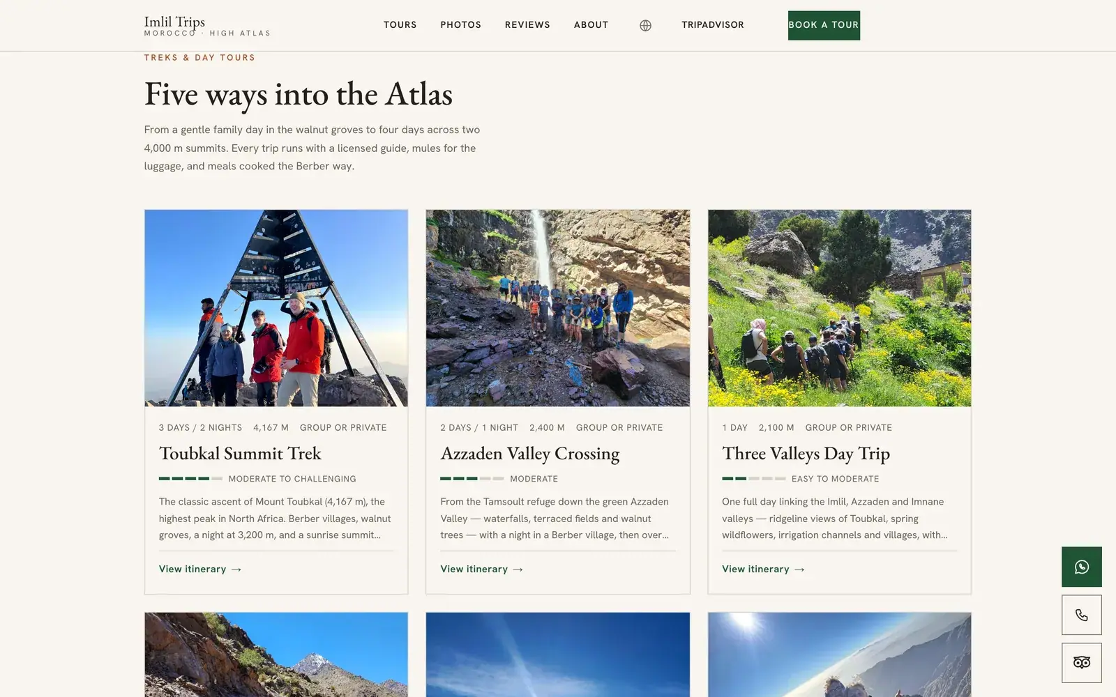 Imlil Trips Morocco mountain guide & trekking website — Five routes into the Atlas (desktop screenshot)