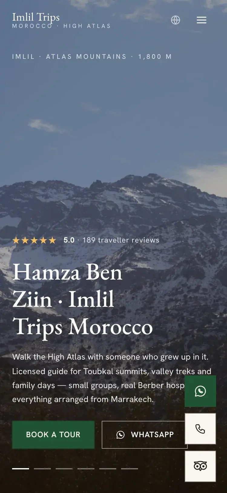 Imlil Trips Morocco mountain guide & trekking website — The same hero on a phone (mobile screenshot)