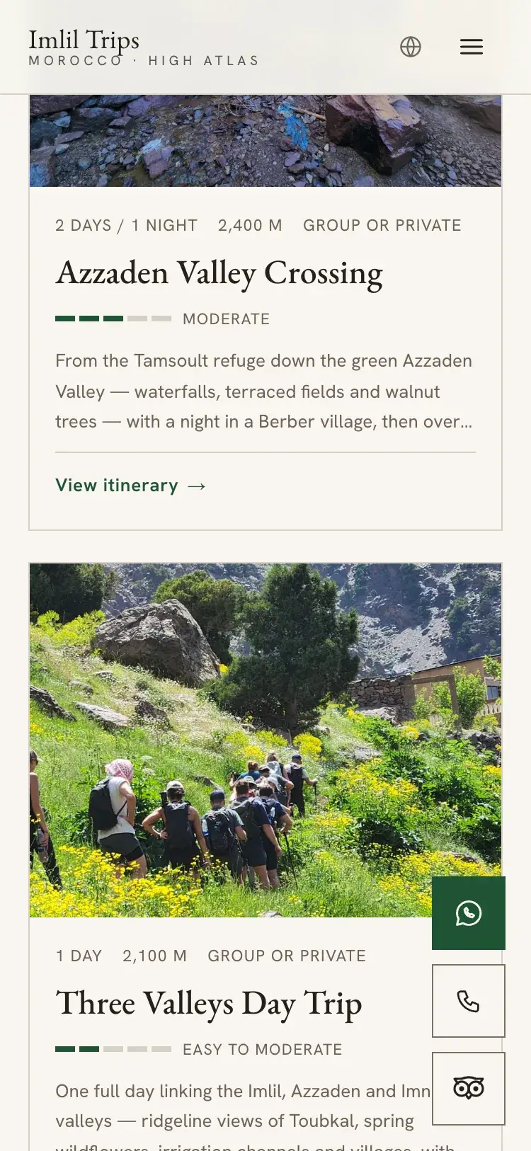 Imlil Trips Morocco mountain guide & trekking website — Routes with duration, altitude and difficulty (mobile screenshot)