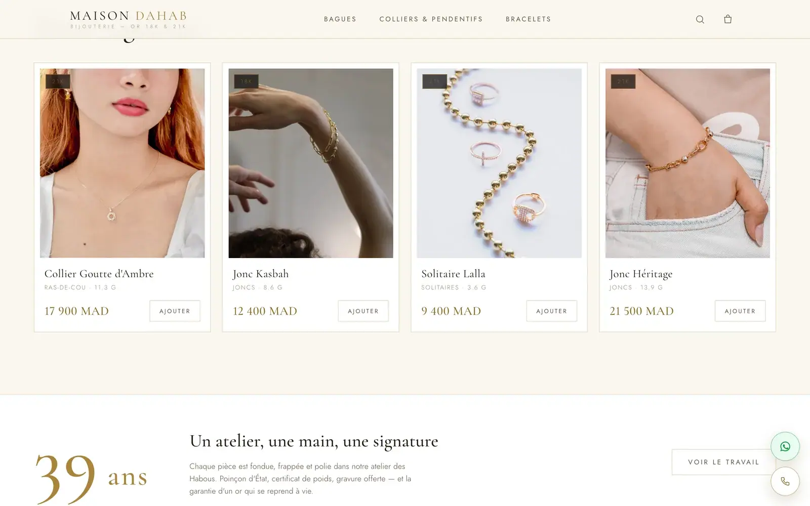 Maison Dahab gold jewellery website — Signature pieces with carat, weight and price (desktop screenshot)