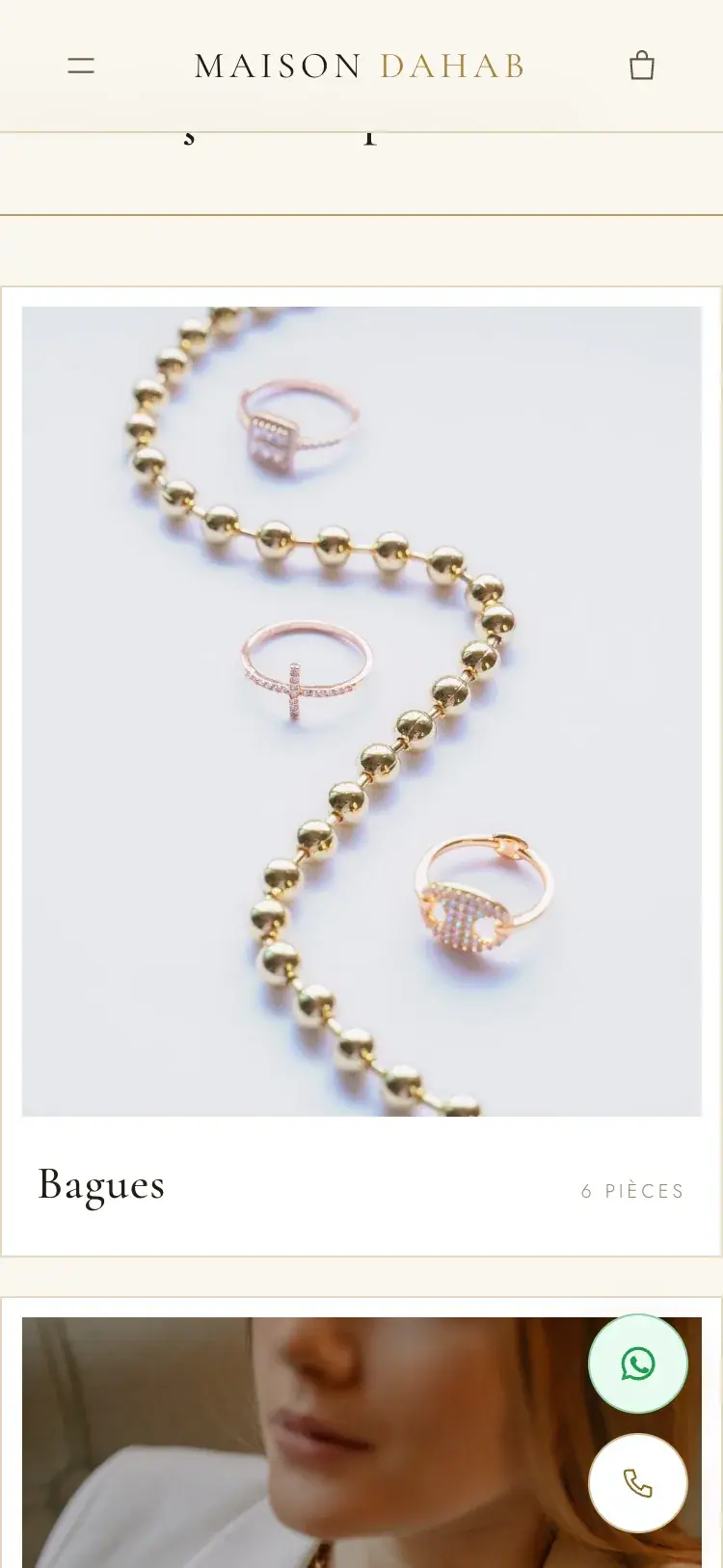 Maison Dahab gold jewellery website — Collections on mobile (mobile screenshot)
