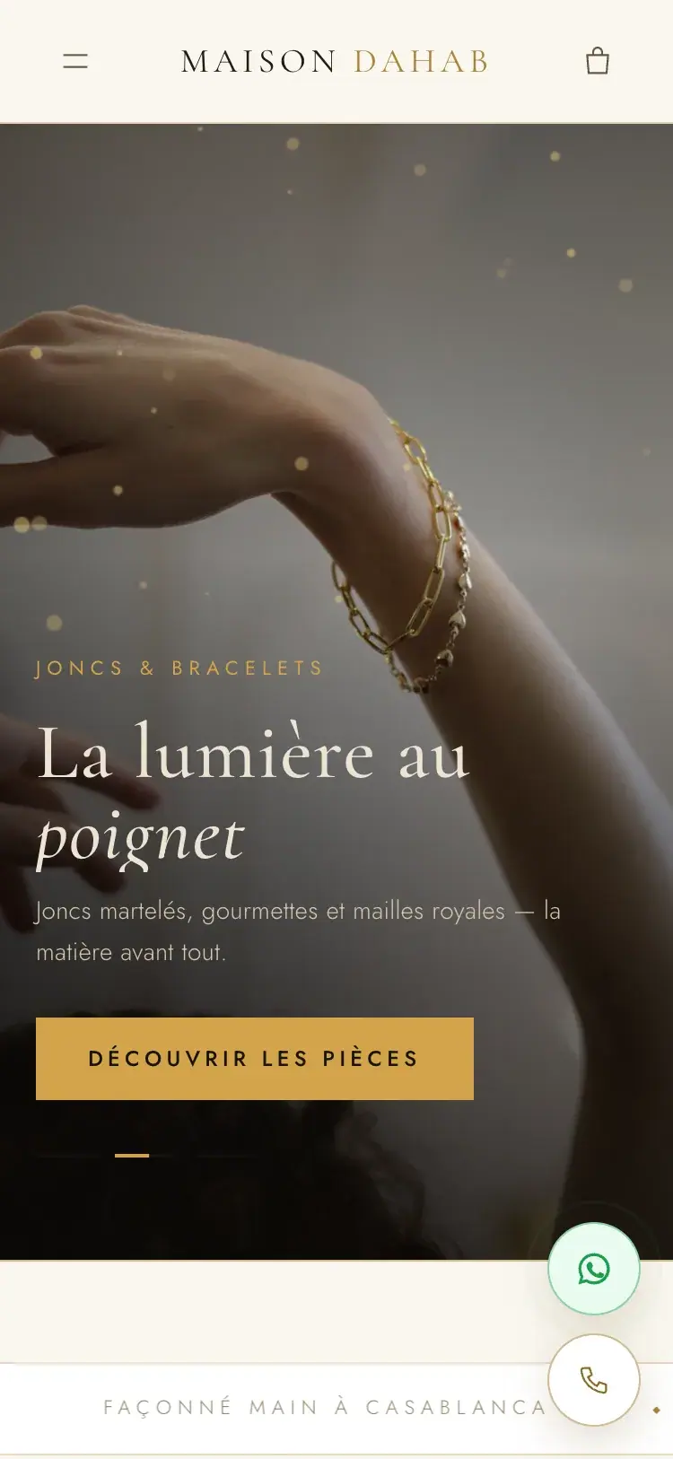 Maison Dahab gold jewellery website — The same hero on a phone (mobile screenshot)