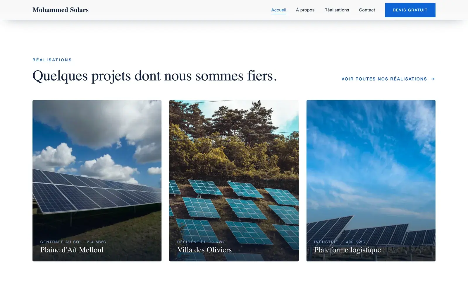 Mohammed Solars solar installation website — Completed installations (desktop screenshot)