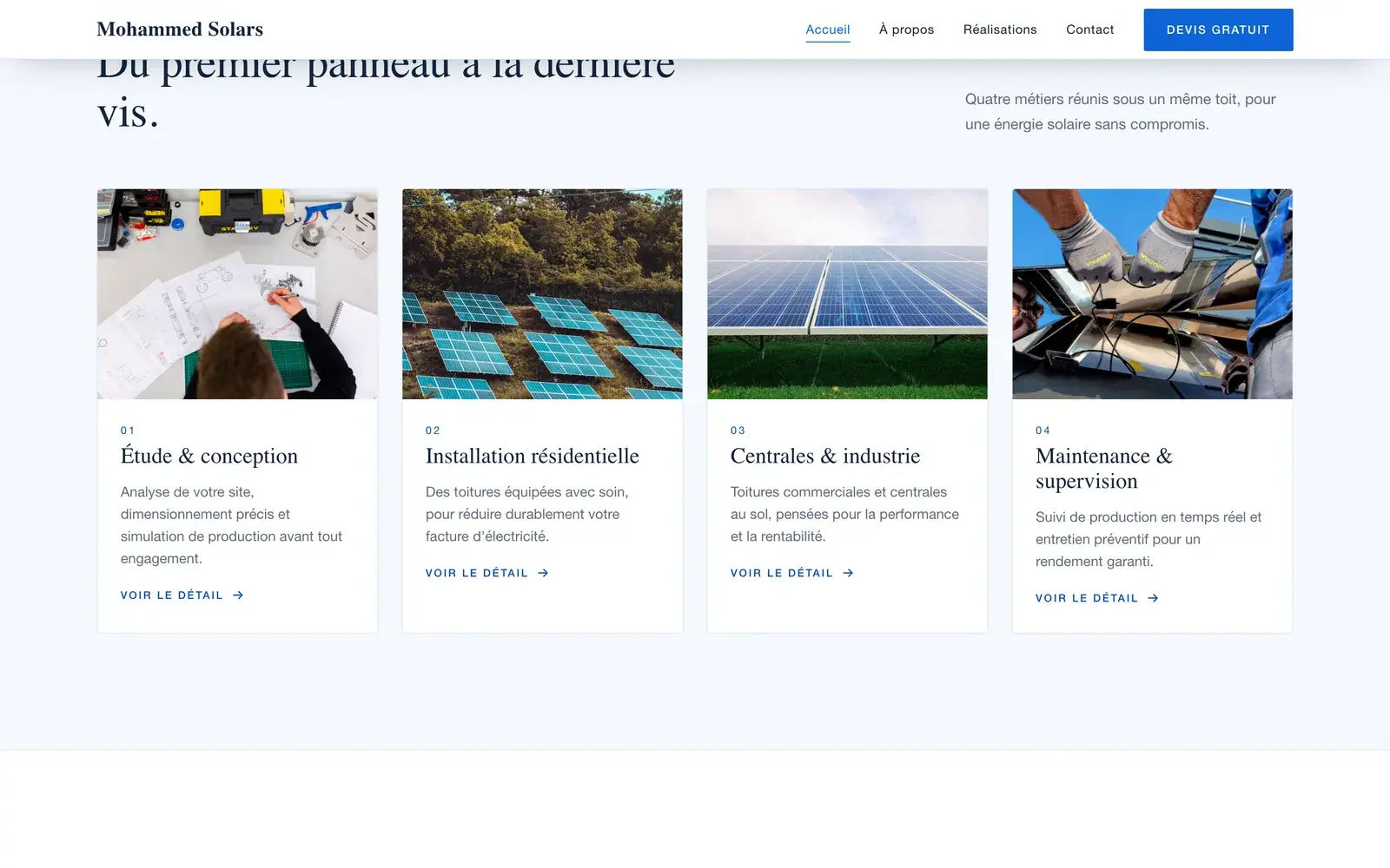 Mohammed Solars solar installation website — Four services from study to maintenance (desktop screenshot)