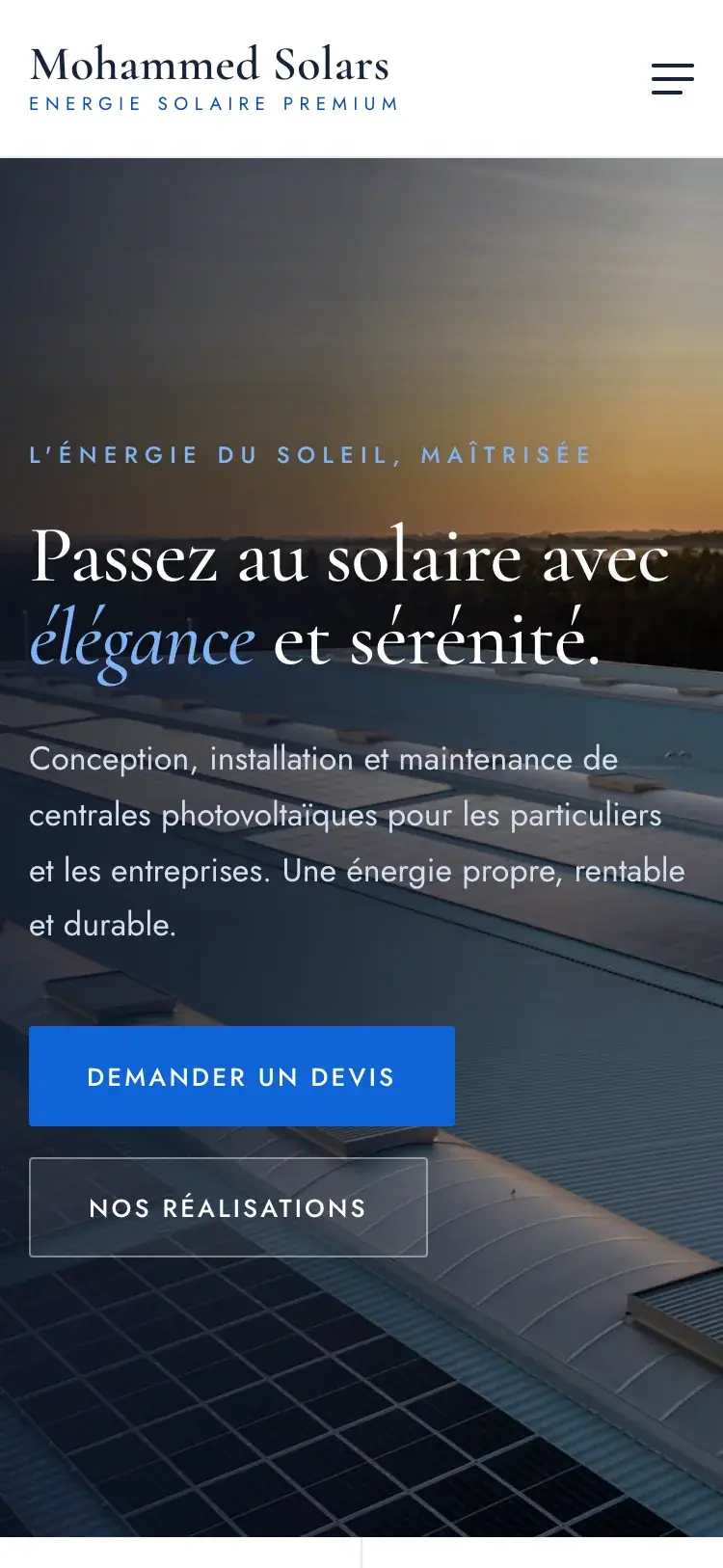 Mohammed Solars solar installation website — The same hero on a phone (mobile screenshot)