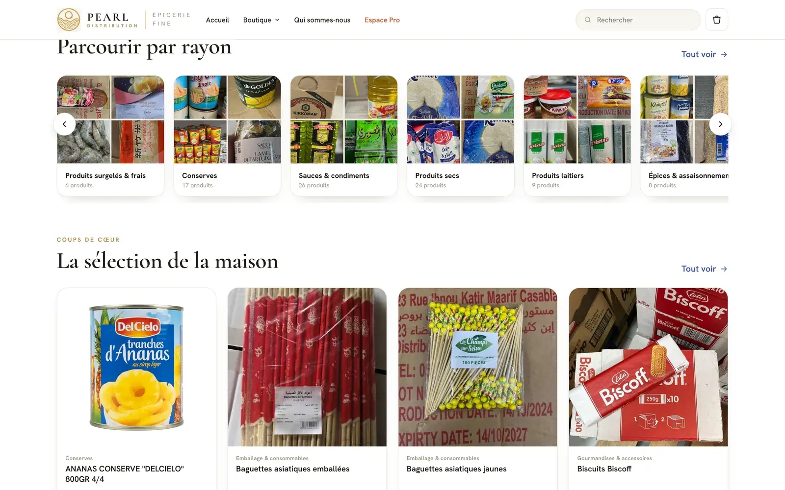 Pearl Distribution food import & wholesale distribution website — Departments and house selection (desktop screenshot)