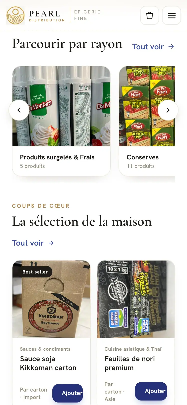 Pearl Distribution food import & wholesale distribution website — Department rail and products (mobile screenshot)
