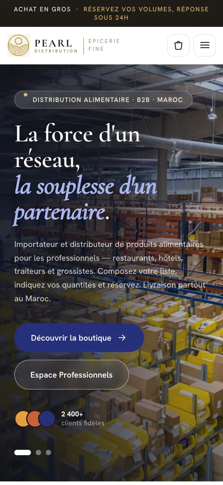 Pearl Distribution food import & wholesale distribution website — The same hero on a phone (mobile screenshot)