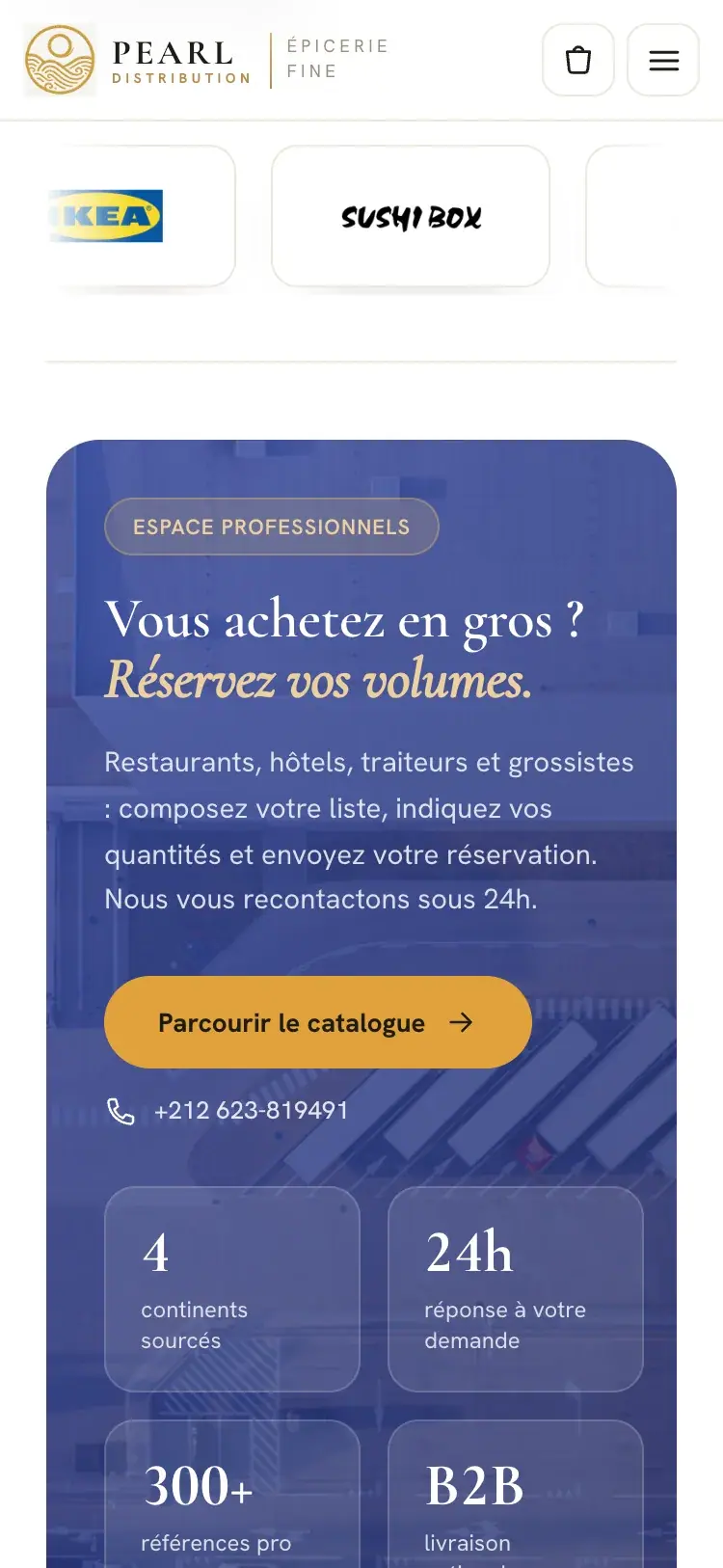 Pearl Distribution food import & wholesale distribution website — Volume reservations on mobile (mobile screenshot)
