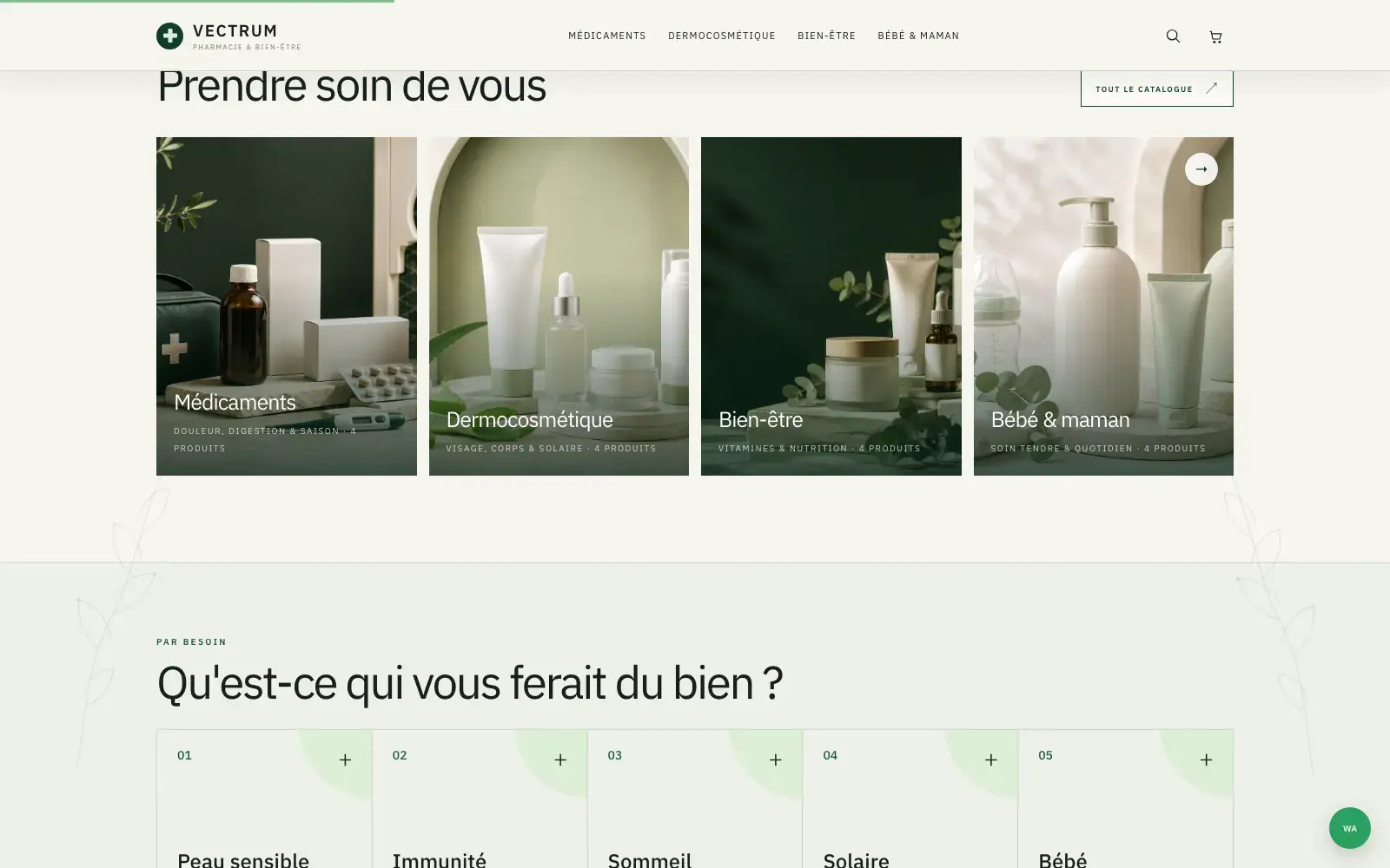 Vectrum Pharmacie pharmacy & parapharmacy website — Universes and shop-by-need entry points (desktop screenshot)