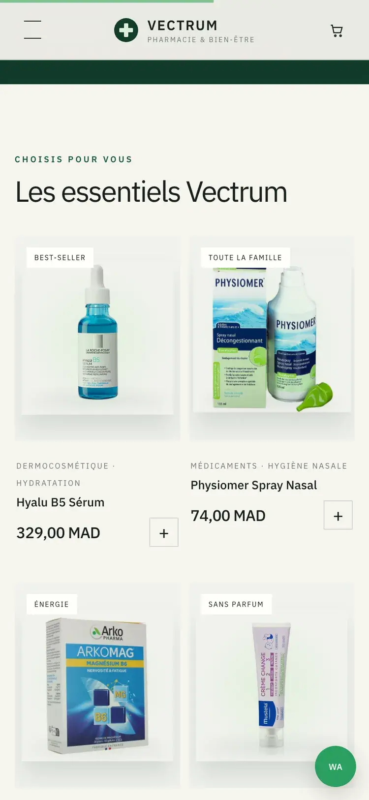 Vectrum Pharmacie pharmacy & parapharmacy website — Best sellers with quick add (mobile screenshot)