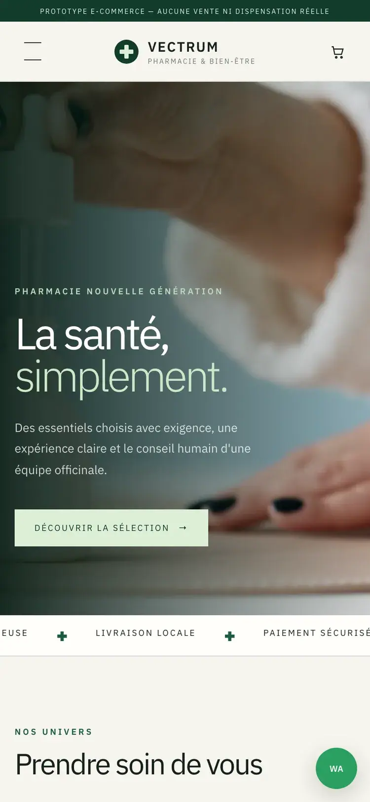 Vectrum Pharmacie pharmacy & parapharmacy website — Homepage on a phone (mobile screenshot)