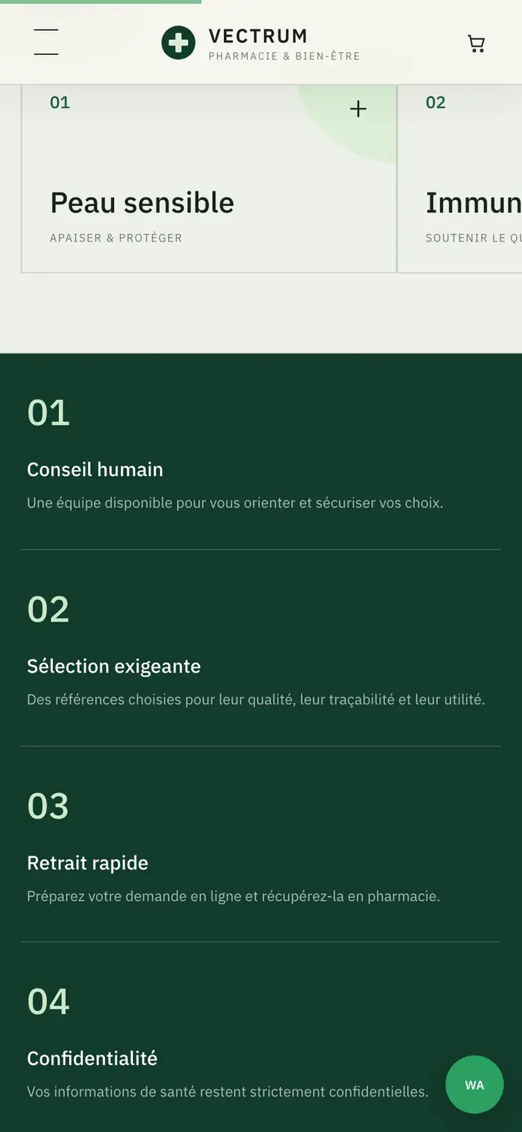 Vectrum Pharmacie pharmacy & parapharmacy website — Pharmacist promises, stated plainly (mobile screenshot)