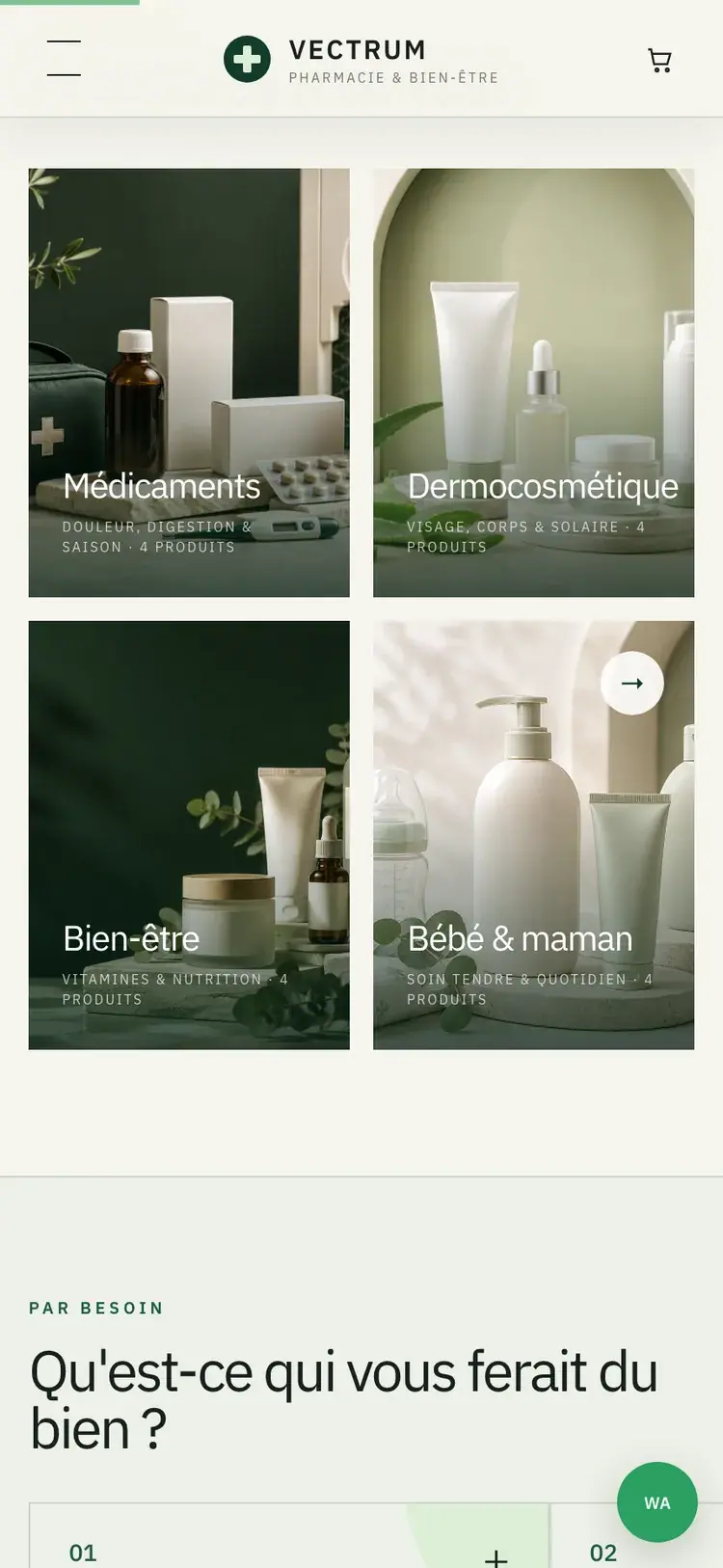 Vectrum Pharmacie pharmacy & parapharmacy website — Four care universes (mobile screenshot)