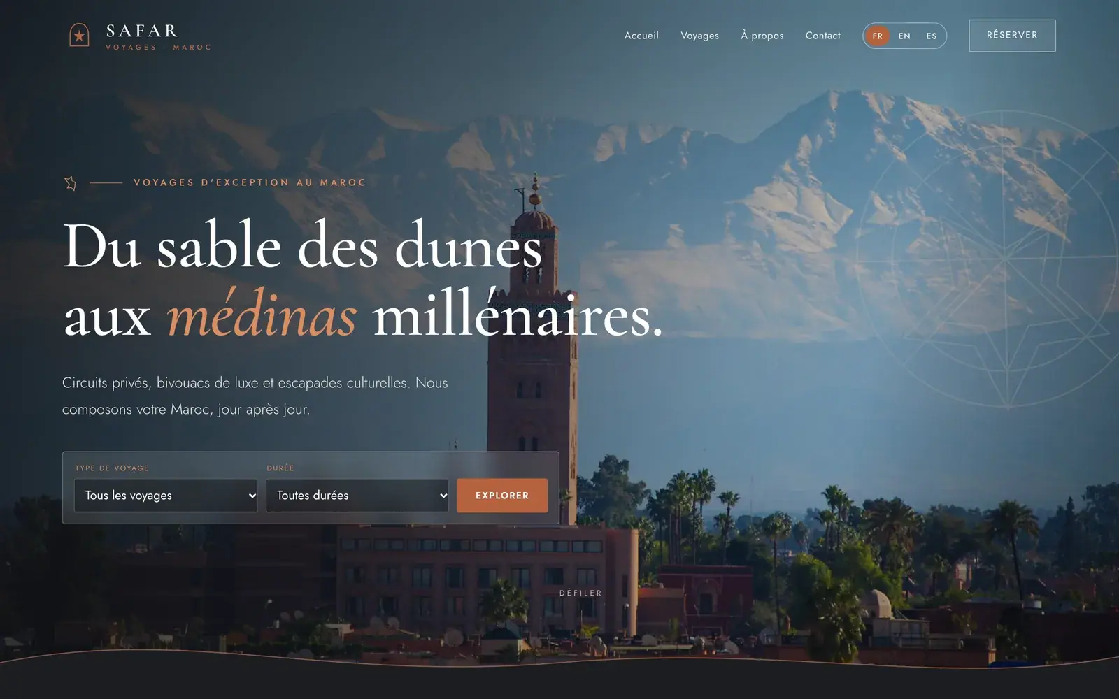 SAFAR Voyages travel agency website — Journey search by type and duration (desktop screenshot)