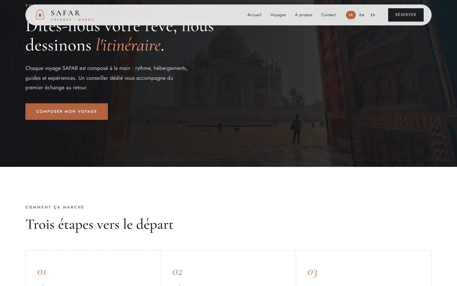 SAFAR Voyages travel agency website — Tailor-made itinerary request (desktop screenshot)