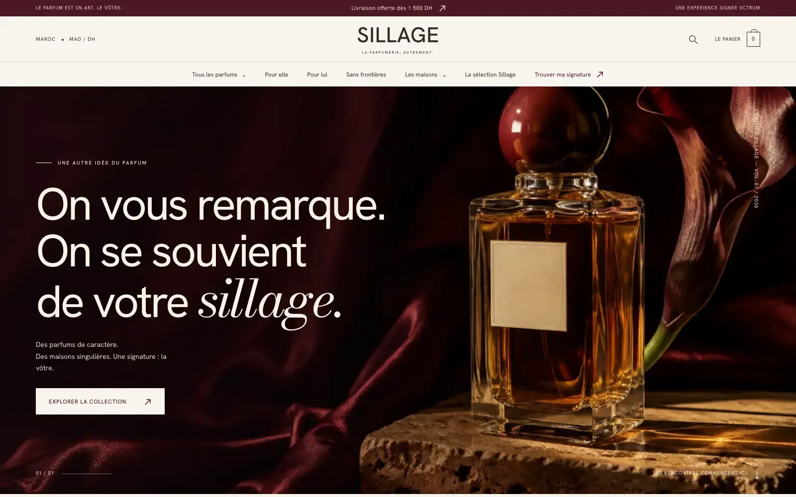 Sillage perfume & beauty ecommerce website — Cinematic homepage hero (desktop screenshot)