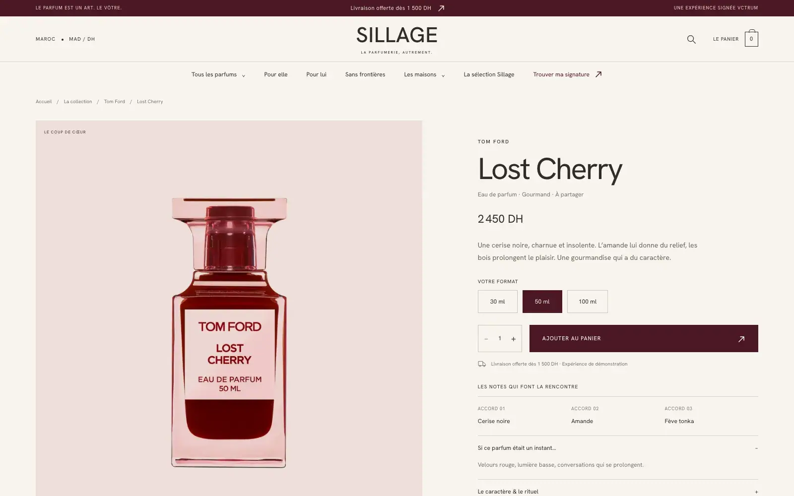 Sillage perfume & beauty ecommerce website — Product page with size selection (desktop screenshot)