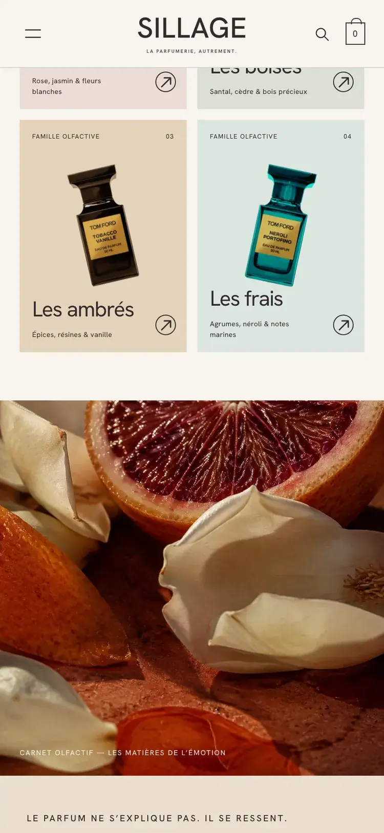 Sillage perfume & beauty ecommerce website — Browse by olfactory family (mobile screenshot)