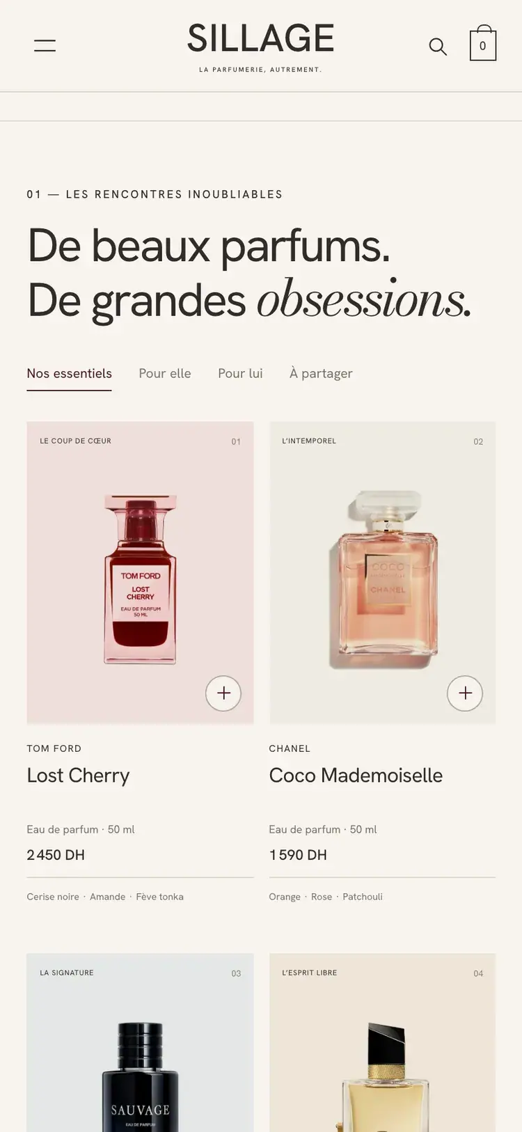 Sillage perfume & beauty ecommerce website — Essential perfumes by audience (mobile screenshot)