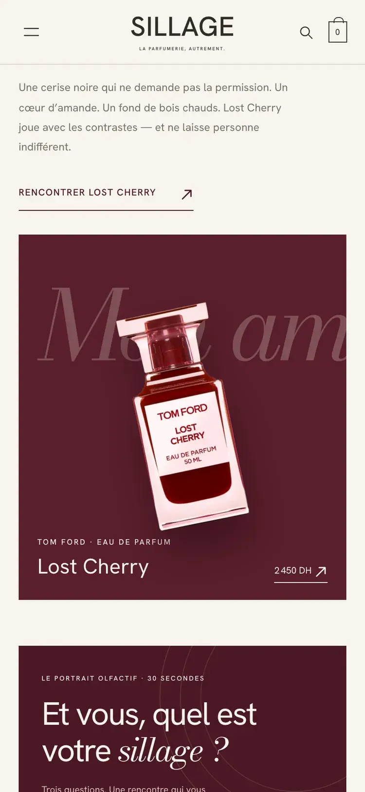 Sillage perfume & beauty ecommerce website — Signature scent spotlight (mobile screenshot)