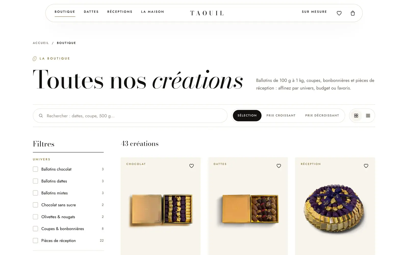 Taouil Chocolatier chocolate & dates · food ecommerce website — Boutique with filters, search and sorting (desktop screenshot)