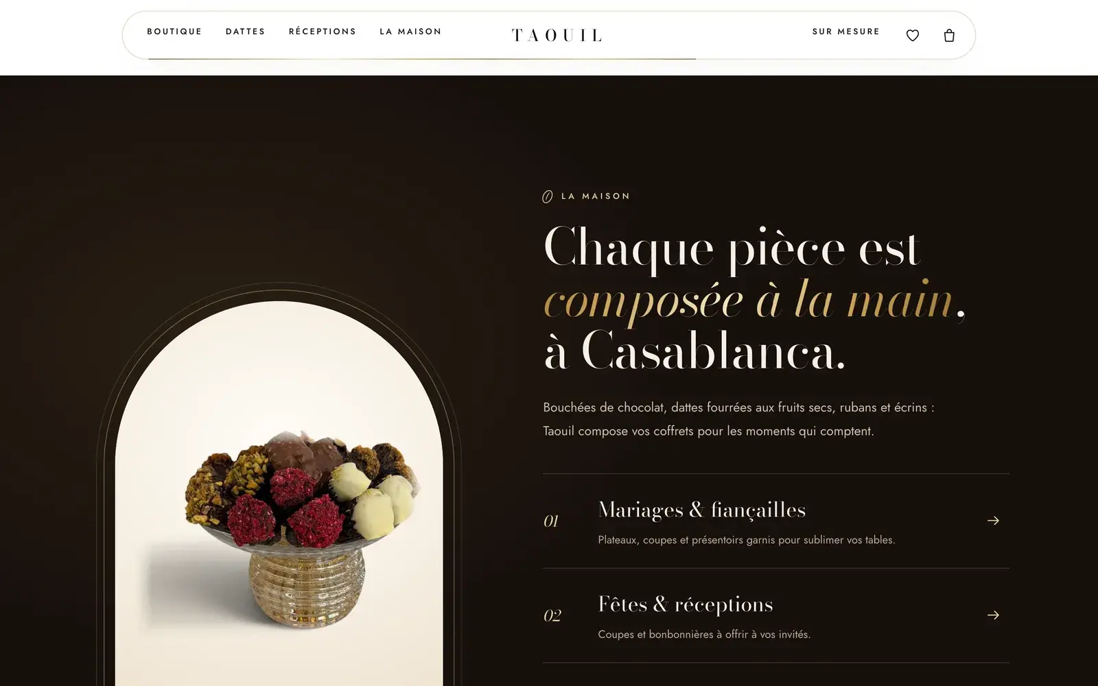 Taouil Chocolatier chocolate & dates · food ecommerce website — The house story, hand-made in Casablanca (desktop screenshot)