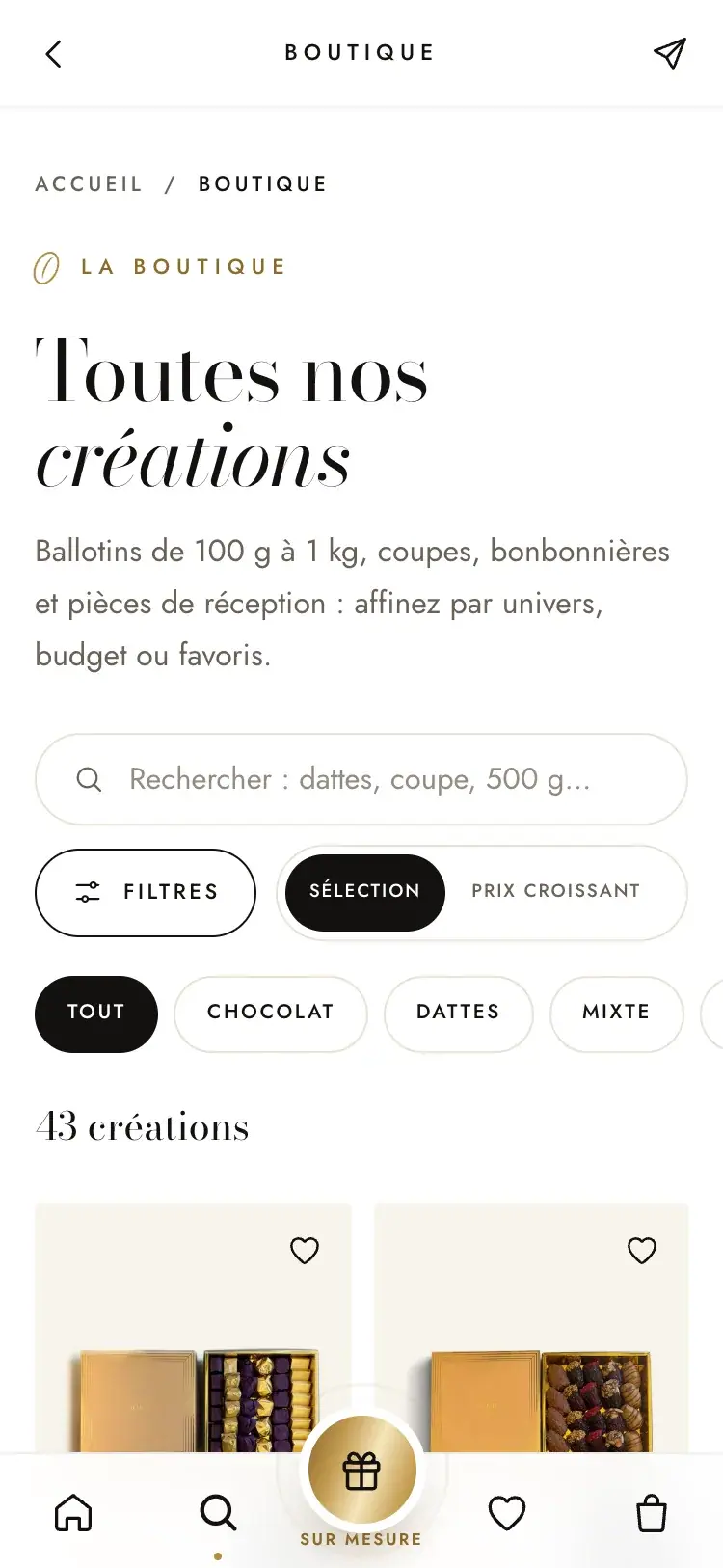 Taouil Chocolatier chocolate & dates · food ecommerce website — Mobile boutique and quick filters (mobile screenshot)