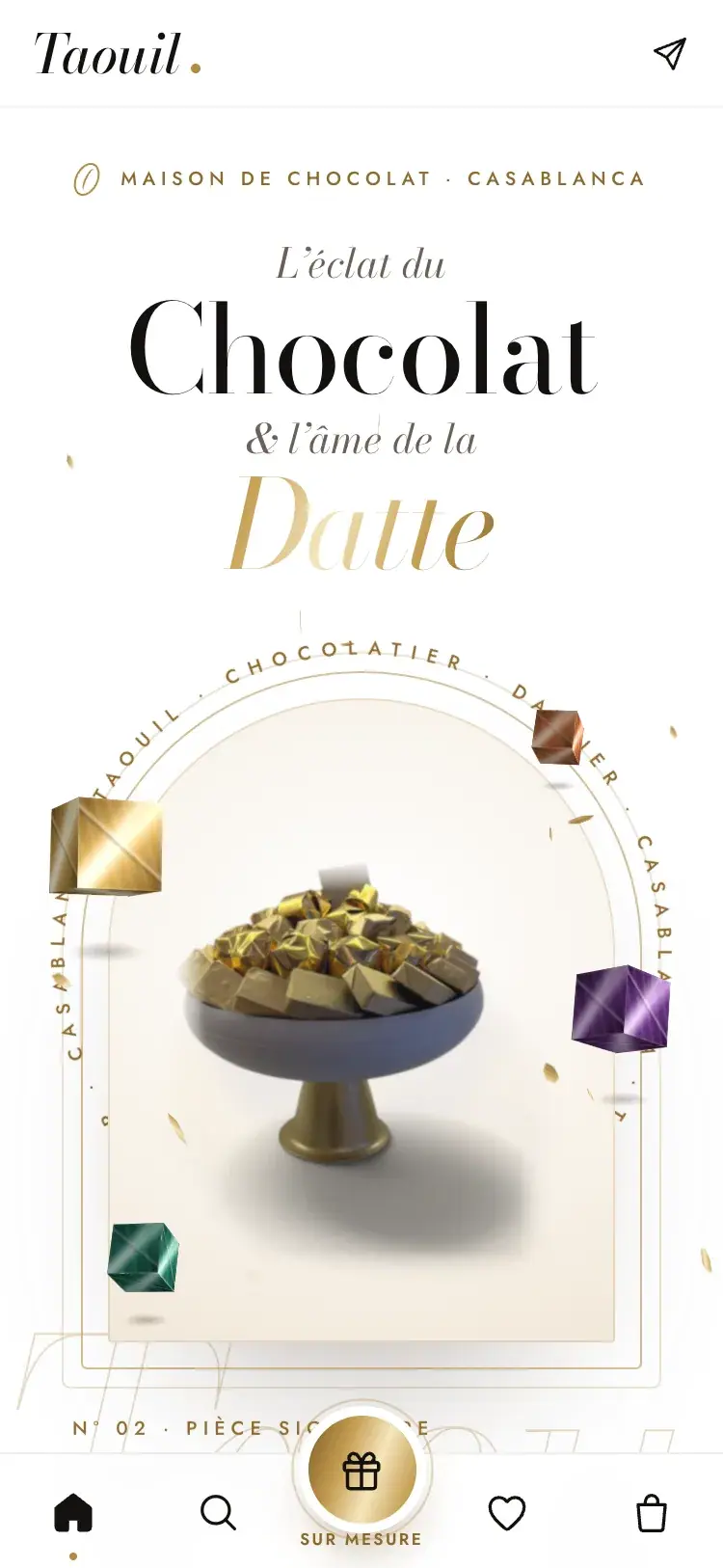 Taouil Chocolatier chocolate & dates · food ecommerce website — The same hero on a phone (mobile screenshot)