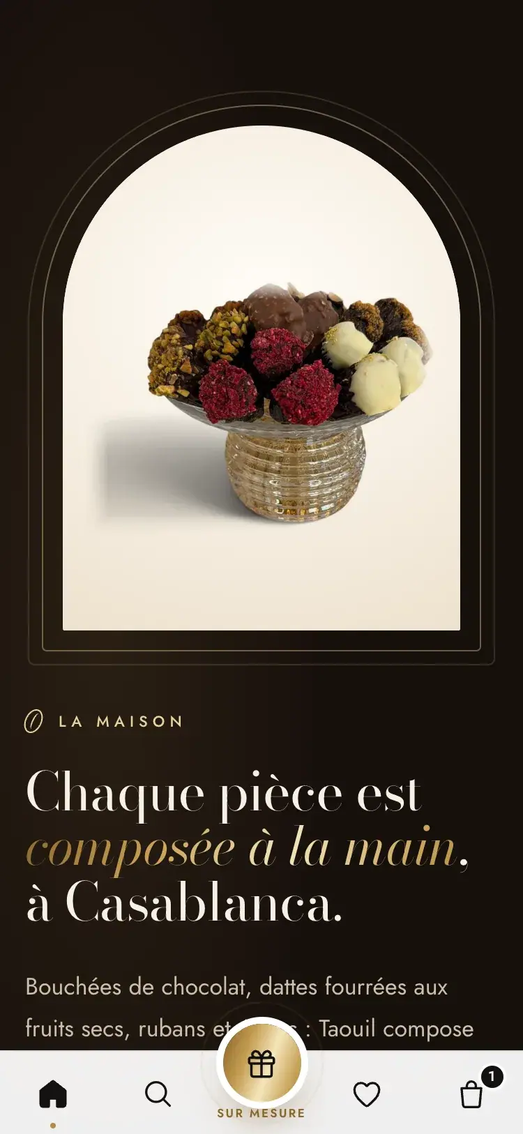 Taouil Chocolatier chocolate & dates · food ecommerce website — Brand story on mobile (mobile screenshot)