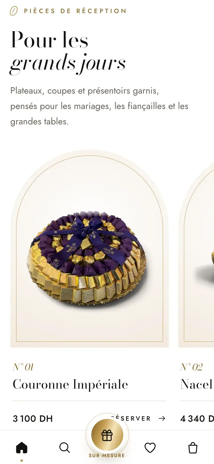 Taouil Chocolatier chocolate & dates · food ecommerce website — Reception pieces for big days (mobile screenshot)