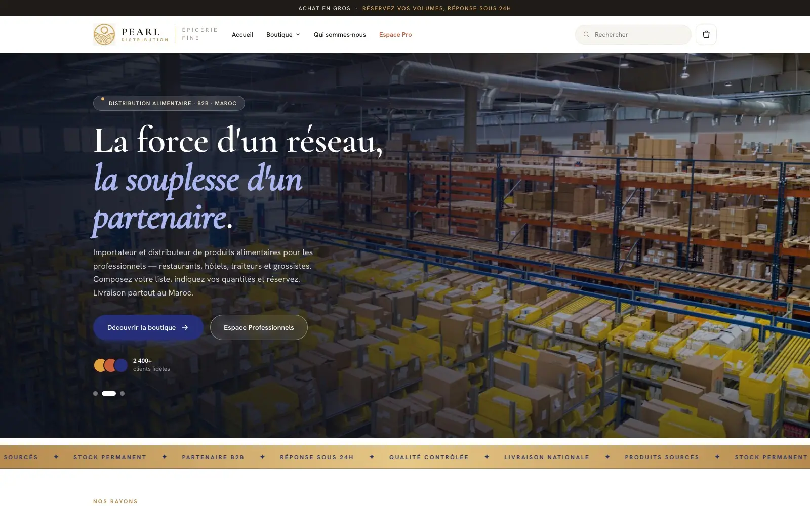 Pearl Distribution (Food import & wholesale distribution) — homepage on a desktop screen