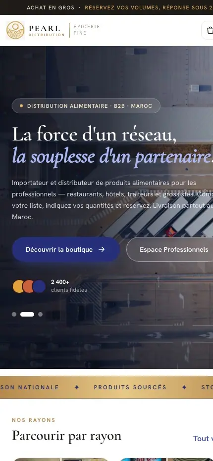 Pearl Distribution (Food import & wholesale distribution) — homepage on a phone