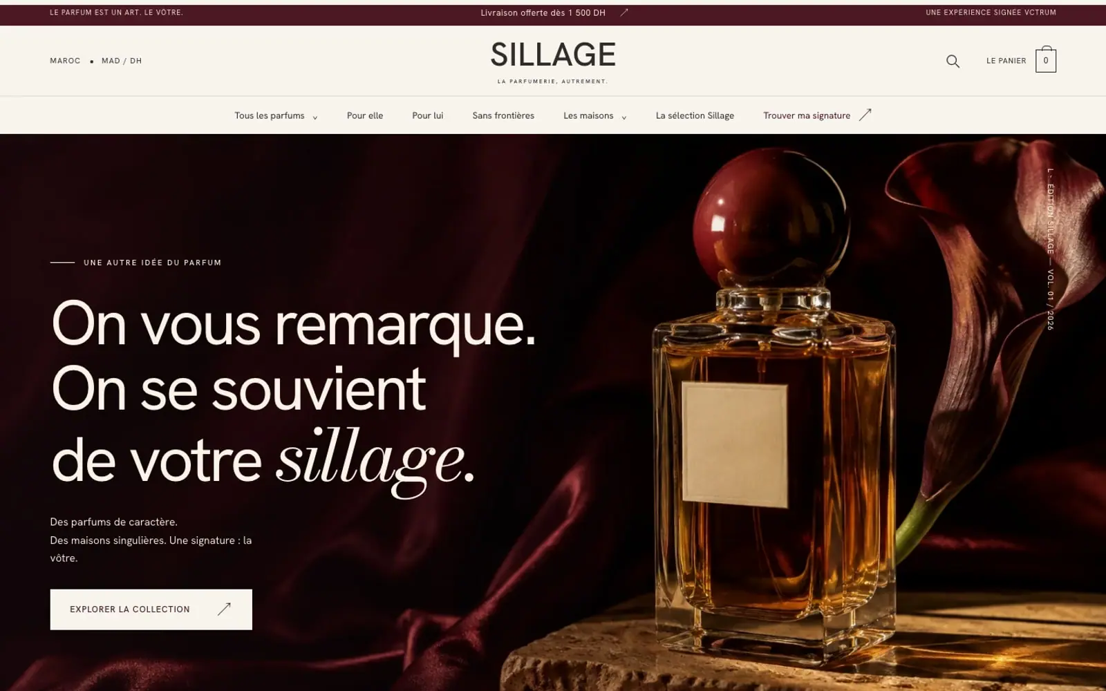 Sillage (Perfume ecommerce prototype · Morocco) — homepage on a desktop screen