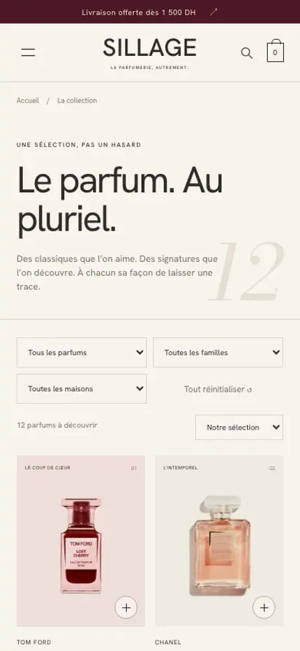 Sillage (Perfume ecommerce prototype · Morocco) — homepage on a phone