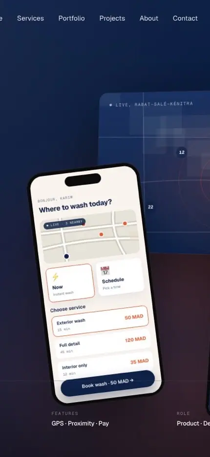 Washminute (On-demand mobile service · Morocco) — homepage on a phone