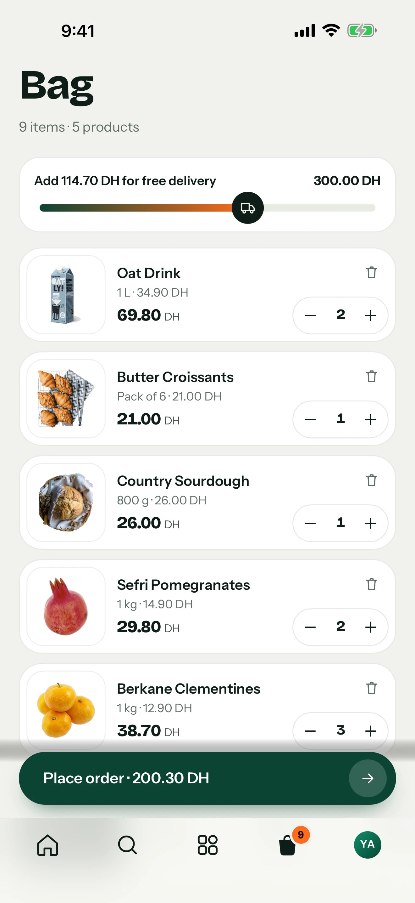 Hanout app — Your basket, quantities and delivery threshold