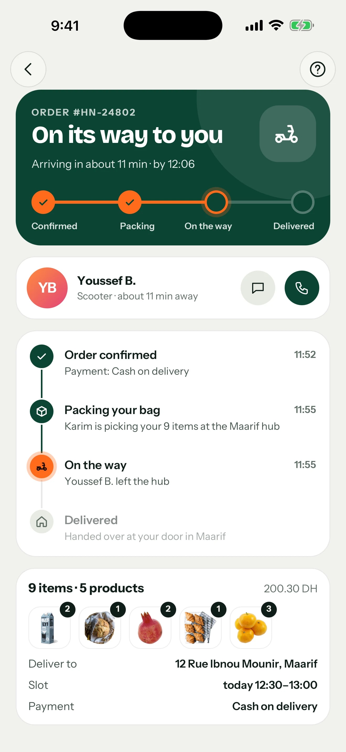 Hanout app — Rider details, contact actions and arrival estimate