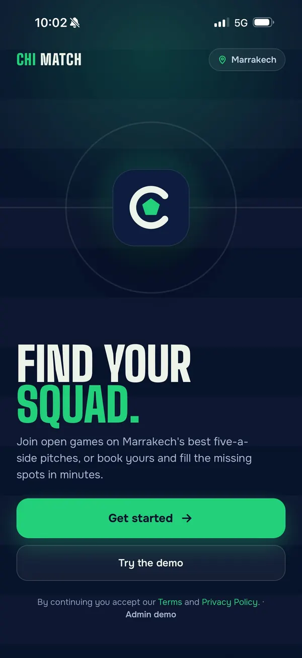 Chi Match, application de foot : écran d’accueil