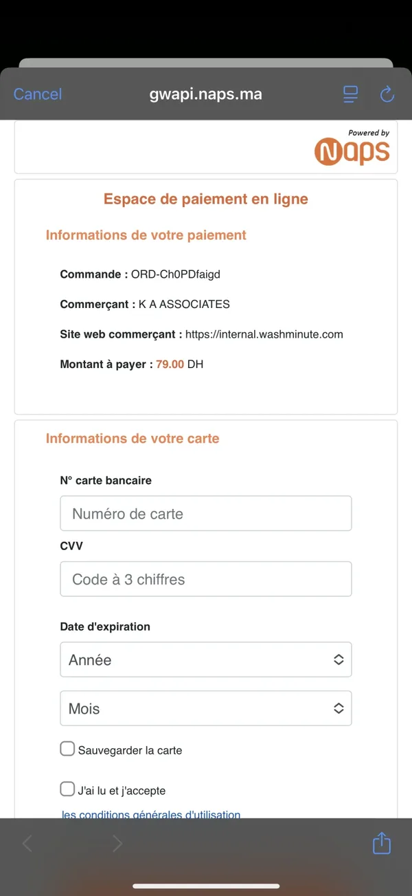 WashMinute — paiement par carte via NAPS